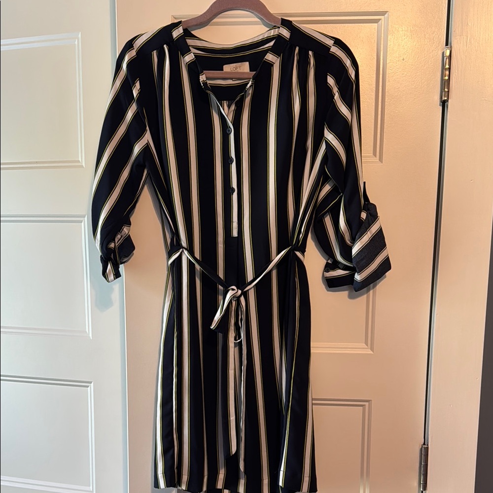 LOFT Navy Blue, White, and Yellow Striped Long Sleeve Dress